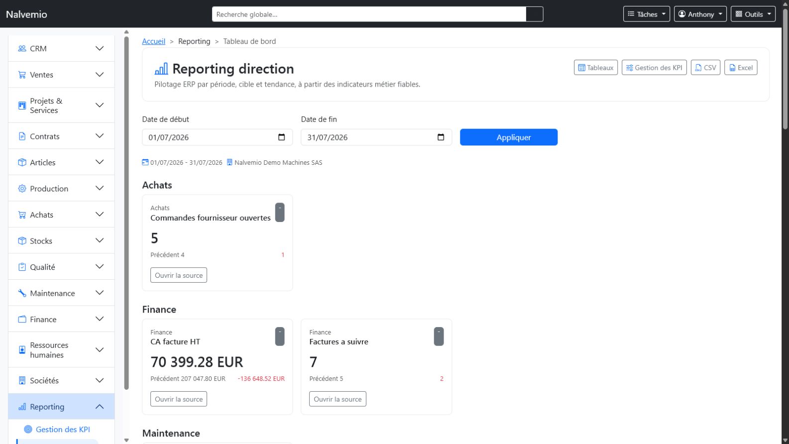Tableau de reporting et indicateurs KPI Nalvemio